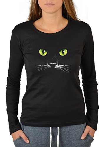 Katzen Motiv Langarmshirt Damen - Katzenaugen Shirt : Schwarze Katze - Katzenaugen - Katzen Liebhaber Frau Gr: L von Tini - Shirts