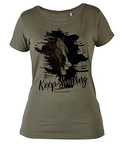 Lachendes Kaltblut Pferd Sprüche Damen T-Shirt, Pferde-Motiv Shirt Mädchen/Frau : Keep Smiling - Cooles Pferde-Shirt Gr: XL von Tini - Shirts