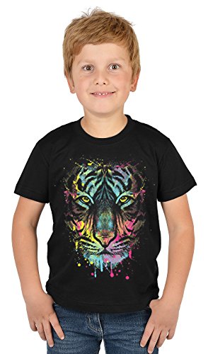 Tiger-Motiv Kindershirt - Kunstdruck Tiger - buntes Tigershirt für Kinder : Dripping Tiger - Tiermotiv Wildkatze Kinder T-Shirt Gr: L = 146-152 von Tini - Shirts