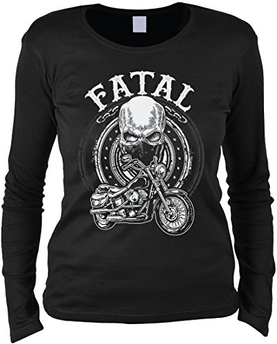 Biker Langarmshirt Frau - Langarm Damenshirt : Fatal - Damen Longsleeve Totenkopf Skull Motorrad Motiv Gr: L von Tini - Shirts