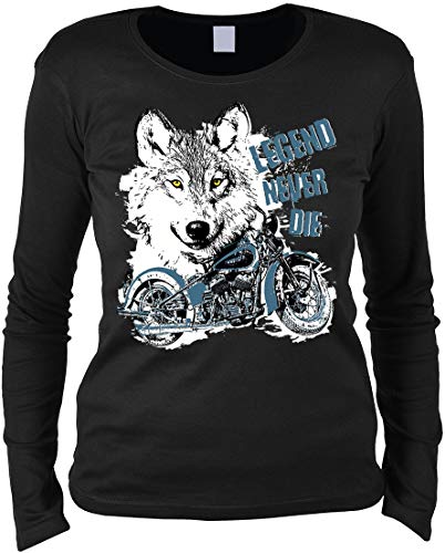 Tini - Shirts Biker Langarmshirt Frau - Langarm Damenshirt : Legend Never Die - Damen Longsleeve Motorrad Wolf Wolfskopf Gr: M von Tini - Shirts