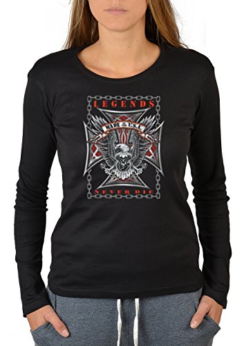 Tini - Shirts Biker Legenden Motorrad Motiv Langarm Tshirt Damen : Legends Never Die - Motiv Longsleeve Frau Motorradfahrer/Motorrad Gr: M von Tini - Shirts