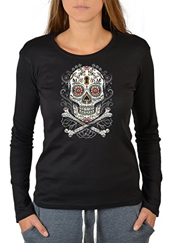 Tini - Shirts Blumen Totenkopf Motiv Langarmshirt Damen : Floral Skull - Motiv Longsleeve Los Muertos, Totenköpfe Gr: M von Tini - Shirts