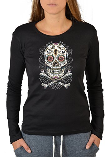 Blumen Totenkopf Motiv Langarmshirt Damen : Floral Skull - Motiv Longsleeve Los Muertos, Totenköpfe Gr: M von Tini - Shirts