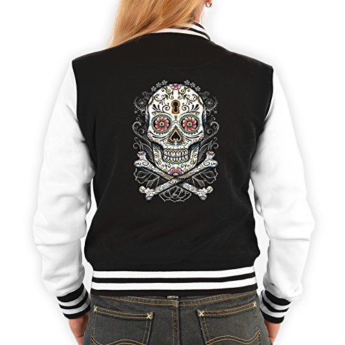 Tini - Shirts Damen College Jacke schwarz/Weiss mit Gothic Motiv : Blumen Totenkopf - Collegejacke Damen/Mädchen Farbe: schwarz Gr: L von Tini - Shirts