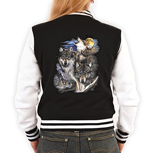 Tini - Shirts Damen College Jacke schwarz/Weiss mit Wolf Motiv : 3 Wölfe - Collegejacke Damen/Mädchen Farbe: schwarz Gr: L von Tini - Shirts