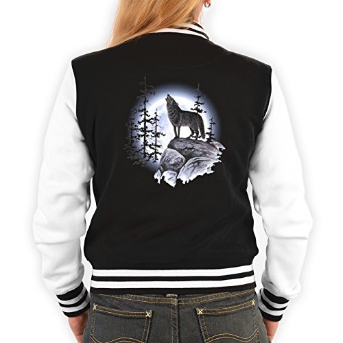 Tini - Shirts Damen College Jacke schwarz/Weiss mit Wolf Motiv : Wolf - Collegejacke Damen/Mädchen Farbe: schwarz Gr: M von Tini - Shirts