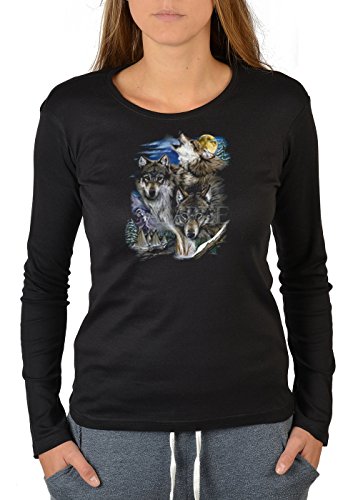 Tini - Shirts Damen Langarmshirt Schwarz L: Wölfe und Indianerdorf - Motiv Longsleeve Wölfe Gr: L von Tini - Shirts