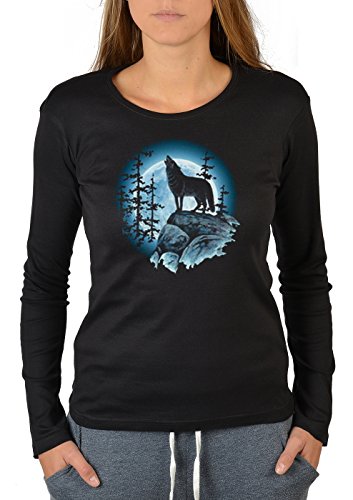 Tini - Shirts Heulender Wolf auf Felsen in der Nacht Langarmshirt Damen : Wolfsmond - Motiv Longsleeve Wölfe Gr: XL von Tini - Shirts