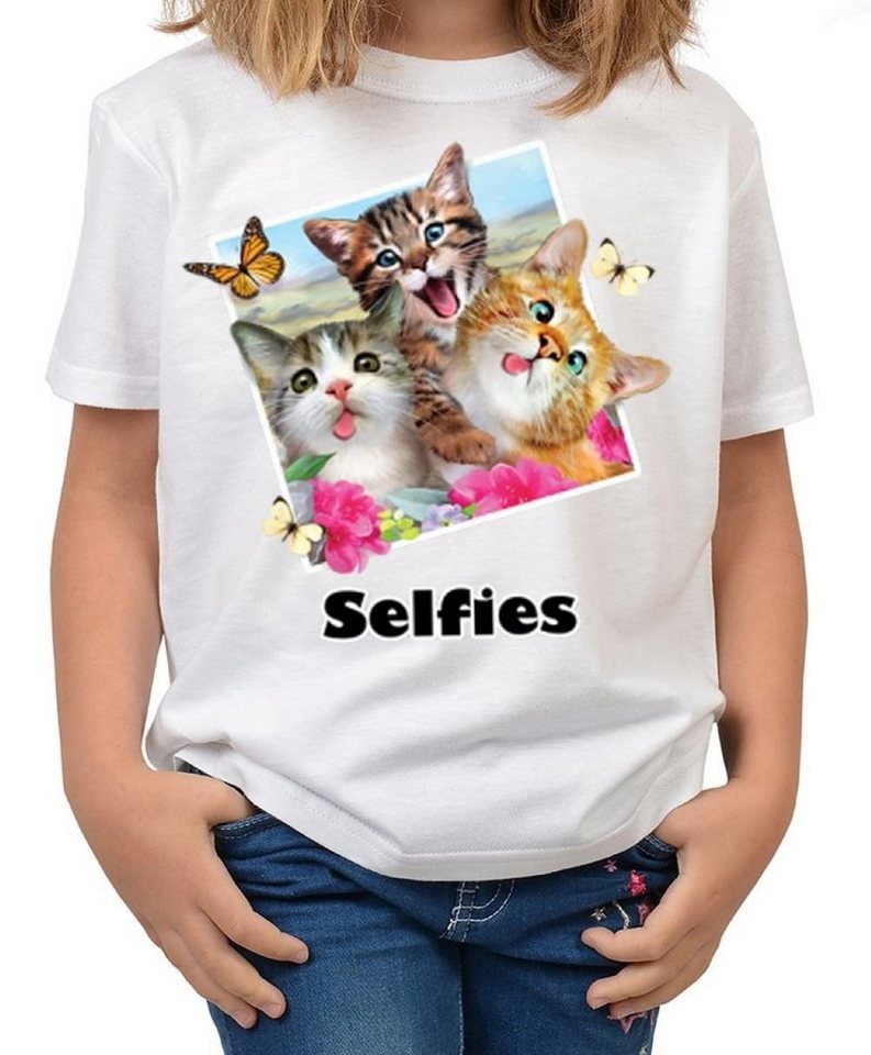 Tini - Shirts Print-Shirt Katzen Schmetterling Motiv Kindershirt buntes Katzen Foto - Katzen-Selfie / Schmetterlinge : Selfie Cats von Tini - Shirts