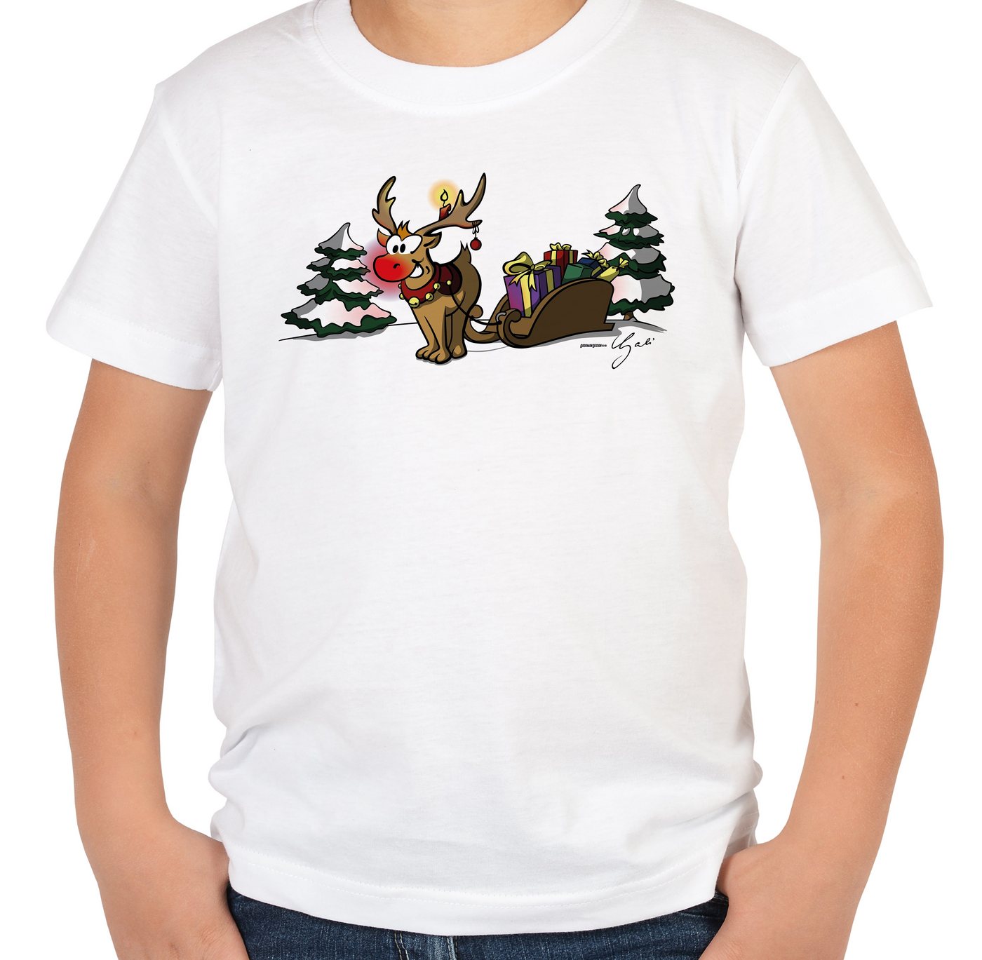 Tini - Shirts Print-Shirt Kinder Weihnachtsmotiv T-Shirt : Rentier mit Schlitten Geschenk-Shirt Nikolaus Weihnachten Advent von Tini - Shirts