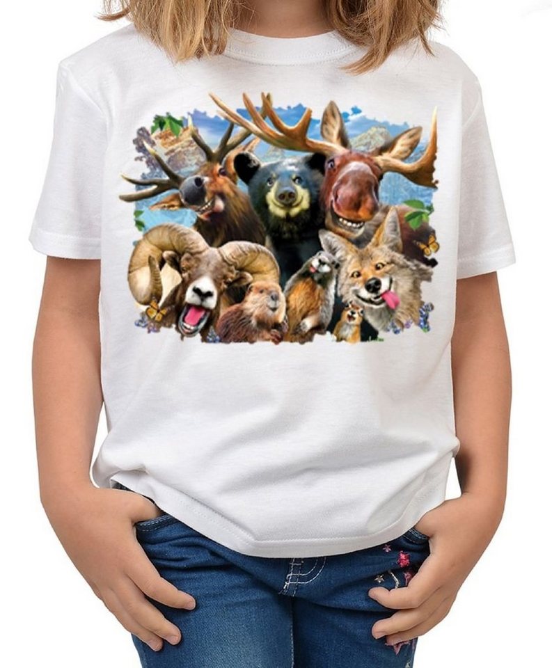 Tini - Shirts T-Shirt Wildtier Motiv Kindershirt lustiges Wildtier Motiv - buntes Elch / Hirsch / Bär Foto - Tier-Selfie : Selfie Rocky Mountain von Tini - Shirts