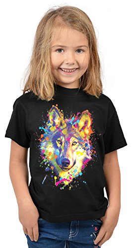 Wolf-Motiv Kindershirt - Kunstdruck Wolf - buntes Wolfshirt für Kinder : Wolf - Tiermotiv Wolf Kinder T-Shirt Gr: M = 134-140 von Tini - Shirts