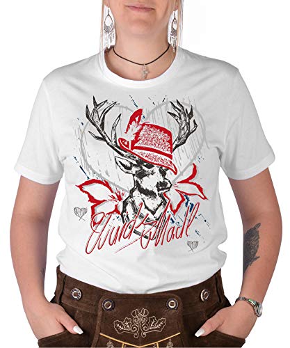 Trachten Shirt Damen-Motiv - Trachten-Motiv Hirsch T-Shirt für Frauen/Mädchen : Wuids MADL (Hut rot) - Volksfest/Oktoberfest/Bayrische Tracht Damen Gr: L von Tini - Shirts