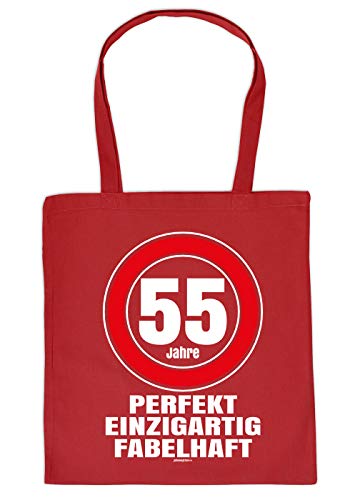 Witzige Geschenk-Tasche zum 55.Geburtstag Verpackung : 55 Jahre perfekt einzigartig fabelhaft - Stofftasche Sprüche 55 Jahre - Baumwolltasche Farbe: Rot von Tini - Shirts