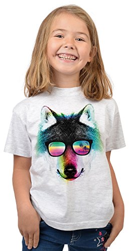 Wolf-Motiv Kindershirt - Kunstdruck Wolf - buntes Wolfshirt für Kinder : Summer Wolf - Tiermotiv Wolf Kinder T-Shirt Gr: M = 134-140 von Tini - Shirts