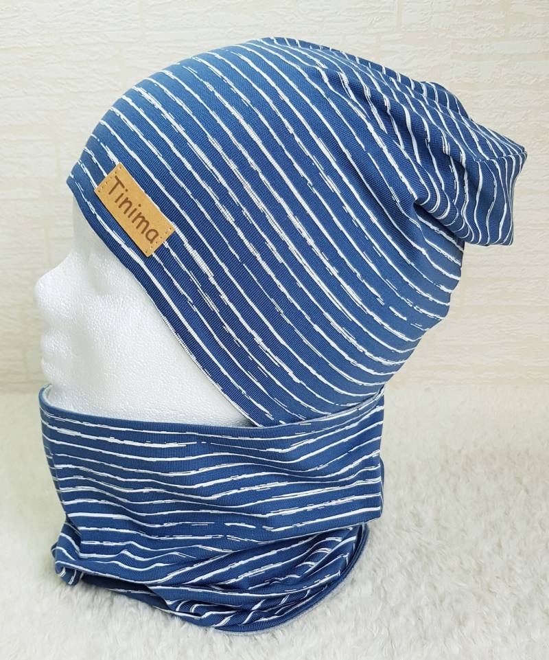 Beanie Damen Und Mädchen Mütze Loop "Blau - Weiß Gestreift", Als Set Oder Auch Einzeln, Mitbringsel, Geschenk, Innen Grau Meliert von TinimakreativDE
