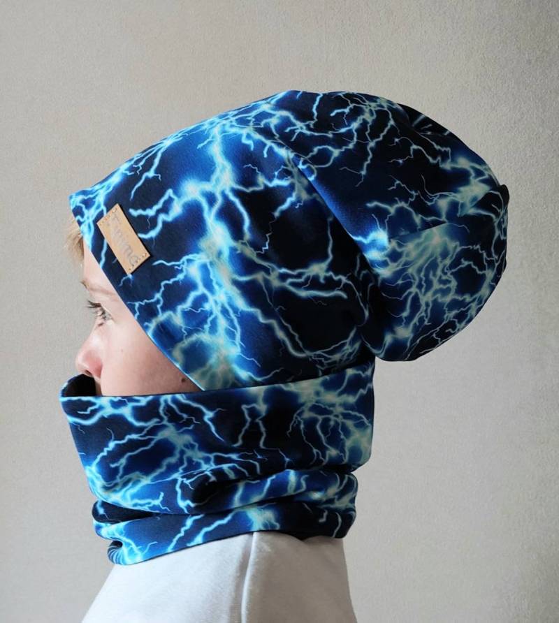 Beanie Junge Und Loop Set "Dunkelblau Blitze" Für Kinder Erwachsene Innen Fleece Oder Jersey, Auch Stirnband von TinimakreativDE