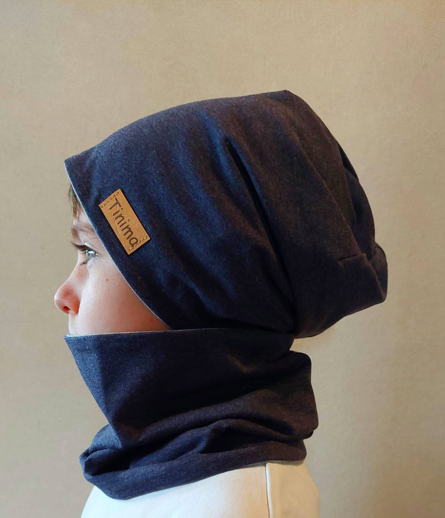 Beanie Mütze Loop "Dunkelblau Meliert Innen Grau Meliert" Als Set Oder Auch Einzeln Und Stirnband Erhältlich, Fleece In von TinimakreativDE