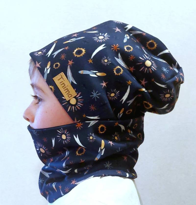 Kinder Beanie Loop Set Innen Fleece Oder Jersey "Dunkelblau Weltall, Raketen Und Planeten" Für Junge Mütze Geschenk von TinimakreativDE