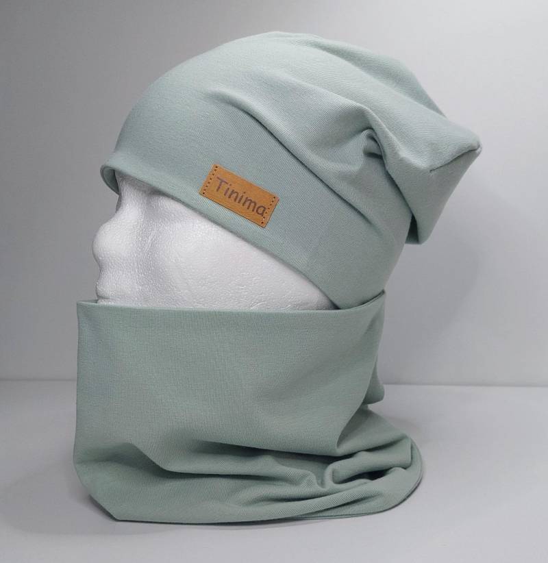 Mütze Kinder Und Loop Set Uni "Mintgrün" Erwachsene Auch Einzeln Als Stirnband Frühlingsmütze Kindermütze Jerseymütze Herbst von TinimakreativDE