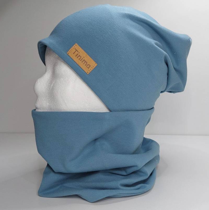 Mütze Kinder Und Loop Set Uni "Pastellblau" Erwachsene Auch Einzeln Als Stirnband Frühlingsmütze Kindermütze Jerseymütze Herbst von TinimakreativDE
