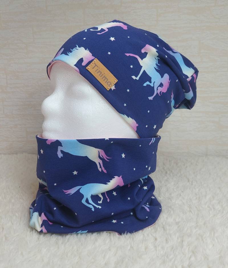 Mütze Mädchen Und Loop "Lila Pferde", Als Set Auch Einzeln Stirnband Erhältlich, Schal Set, Kinder Herbstmütze von TinimakreativDE