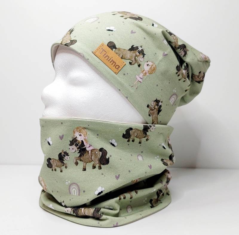 Mütze Mädchen Pferde Und Loop "Pony Mädchen" Als Set Auch Einzeln Oder Stirnband Innen Jersey Wollweißer Fleece Herbstmütze von TinimakreativDE