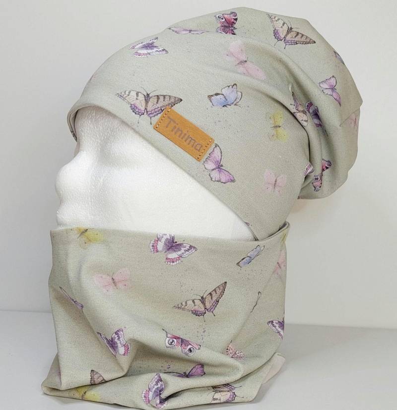 Mütze Mädchen Und Loop "Schmetterlinge Pastell" Als Set Auch Einzeln Stirnband, Innen Jersey Oder Fleece Herbstmütze von TinimakreativDE