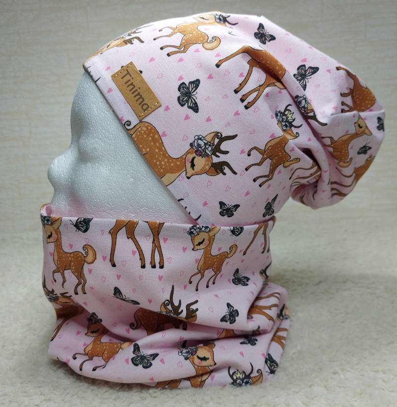 Herbstmütze Mädchen Und Loop Set "Rosa Rehe", Auch Einzeln Als Stirnband Erhältlich Kinder Geschenk Innen Fleece Oder Jersey Herbst von TinimakreativDE