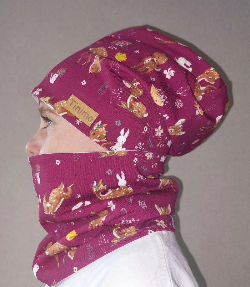 Mütze Mädchen Und Loop "Weinrot Rehe" Innen Rosé, Als Set Auch Einzeln Erhältlich Schal Kinder Geschenk Jersey O. Fleece von TinimakreativDE