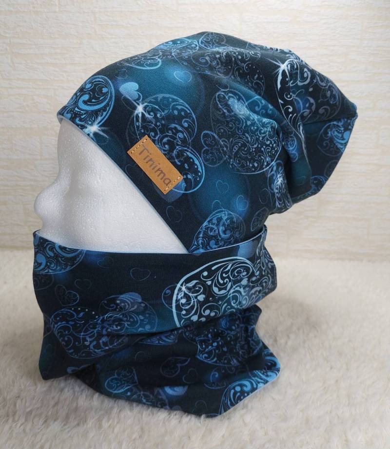 Mütze Und Loop Set "Blaue Herzen" Für Mädchen Damen Innen Fleece Oder Jersey, Auch Einzeln Als Stirnband Erhältlich von TinimakreativDE