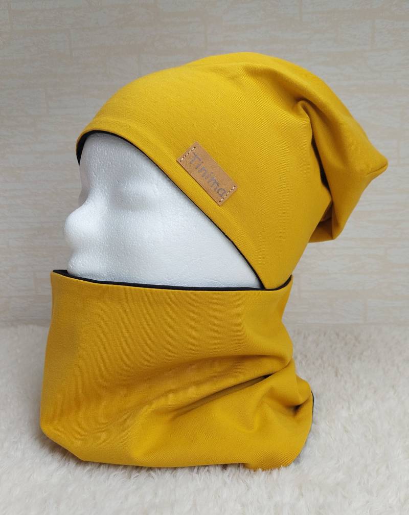 Mütze Und Loop Set "Curry Innen Schwarz" Für Kinder Erwachsene Auch Einzeln Stirnband Erhältlich Als Herbstmütze Oder Wintermütze von TinimakreativDE