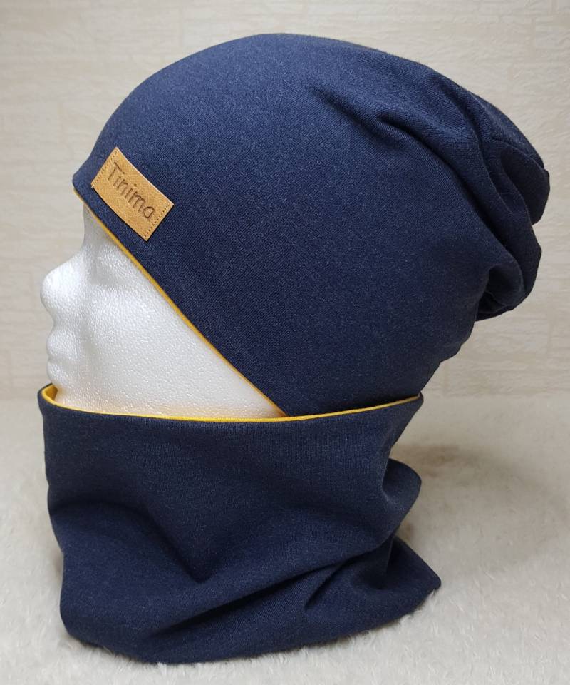 Mütze Und Loop Set "Dunkelblau Meliert Innen Gelb" Für Kinder Erwachsene Auch Einzeln Oder Als Stirnband Erhältlich Fleece Jersey von TinimakreativDE