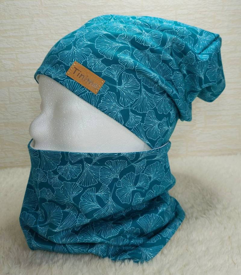 Mütze Beanie Mädchen Und Loop Set "Ginkgo Türkis Grün" Damen Auch Einzeln Oder Stirnband Innen Wahlweise Jersey Od. Fleece von TinimakreativDE