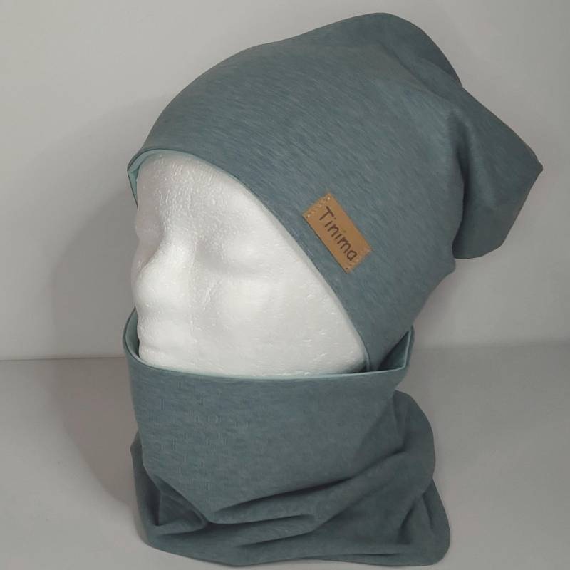 Mütze Und Loop Set "Grün Meliert Innen Lindgrün Meliert" Für Kinder Erwachsene Fleece Oder Jersey Auch Einzeln Als Stirnband von TinimakreativDE
