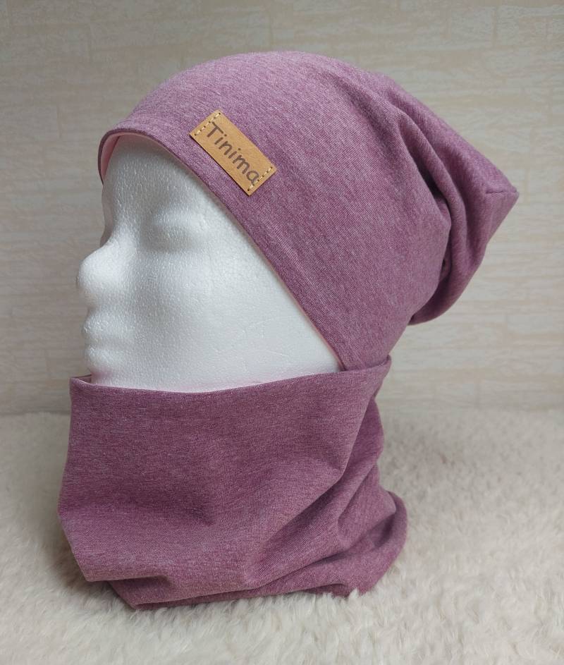 Mädchen Mütze Und Loop Set Uni "Beere Meliert" Innen Beere Meliert Oder Rose Damen Beanie Auch Einzeln Als Stirnband Erhältlich von TinimakreativDE