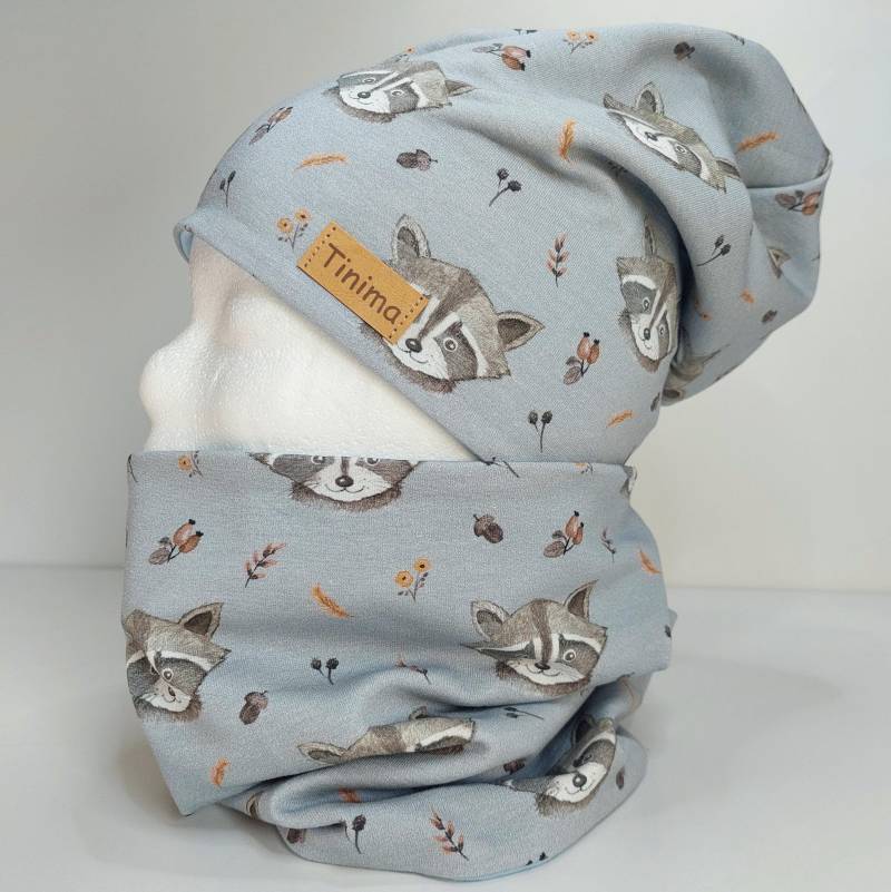 Mütze " Waschbären Und Loop Als Set, Einzeln Stirnband Erhältlich, Innen Hellblauer Jersey Oder Fleece Mit Ohne Label Möglich von TinimakreativDE