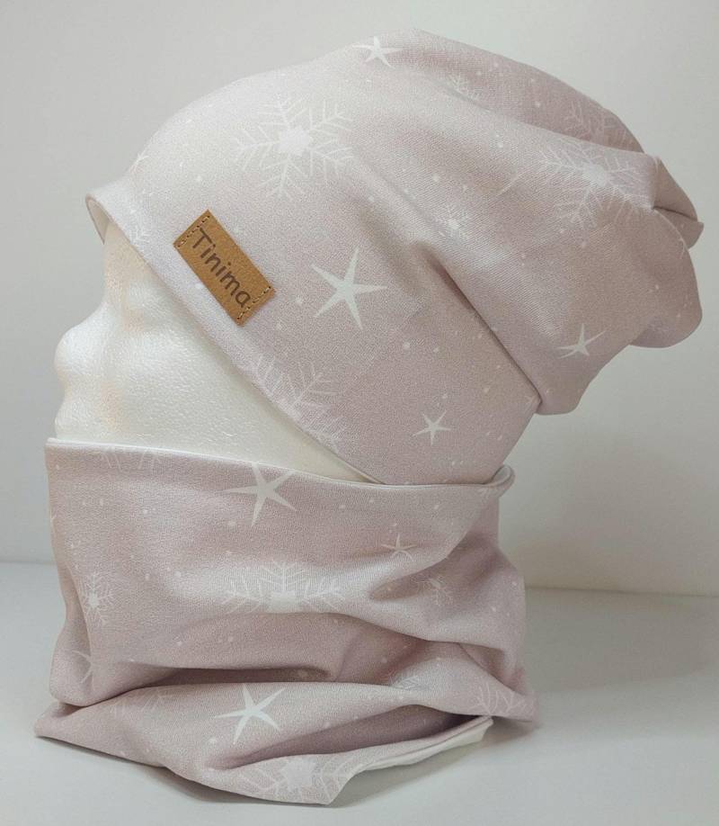 Wintermütze Mädchen Und Loop Als Set "Rose Sterne Schneeflocken" Stirnband Für Kinder Erwachsene Innen Fleece Oder Jersey Junge von TinimakreativDE
