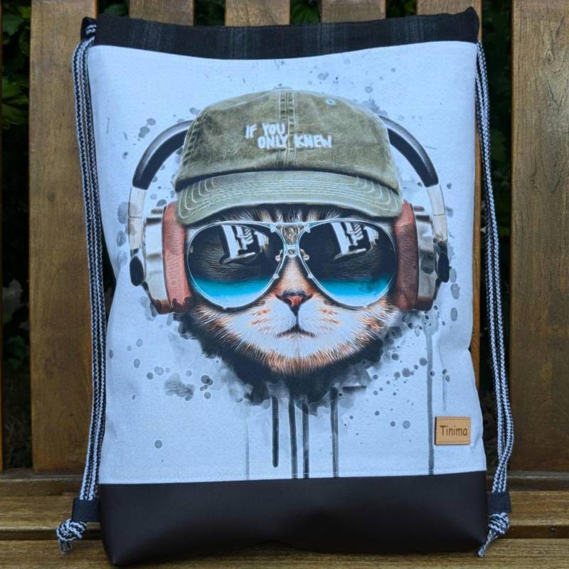 Turnbeutel "Cool-Cat" Mit Kleiner Innentasche Rucksack Mädchen Junge Stoffrucksack Katze Kinder Stoffbeutel von TinimakreativDE