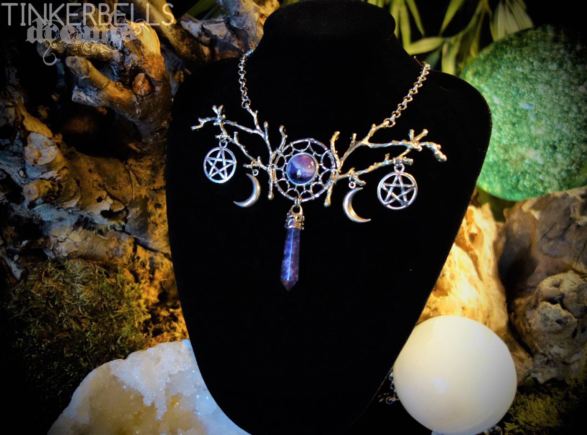 Halskette Pagan Wicca Wiccan Mittelalter Gothic Keltisch Antik-Silber Lila Amethyst Geschenk Set Pentagramm Pendel Halbmond Luna Taumfänger von TinkerbellsDreams