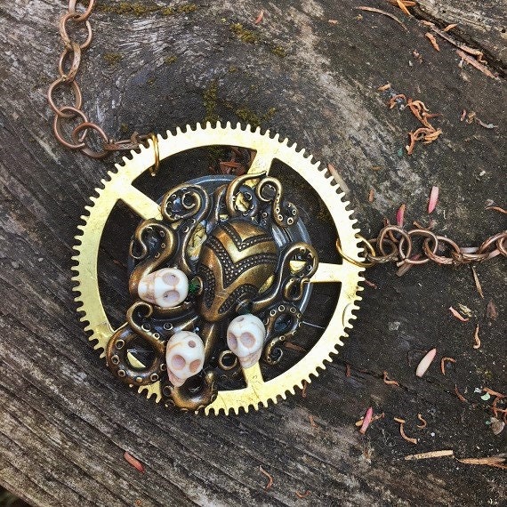 Anhänger-Halskette-steampunk Fantasy-Octopus-Cthulu Messing-Zahnrädern Und Schädel Anhänger-Halskette-steampunk Fantasy-Octopus-Cthulu Messing-Zahnrädern Und Schädel von TinkersDaughter2015