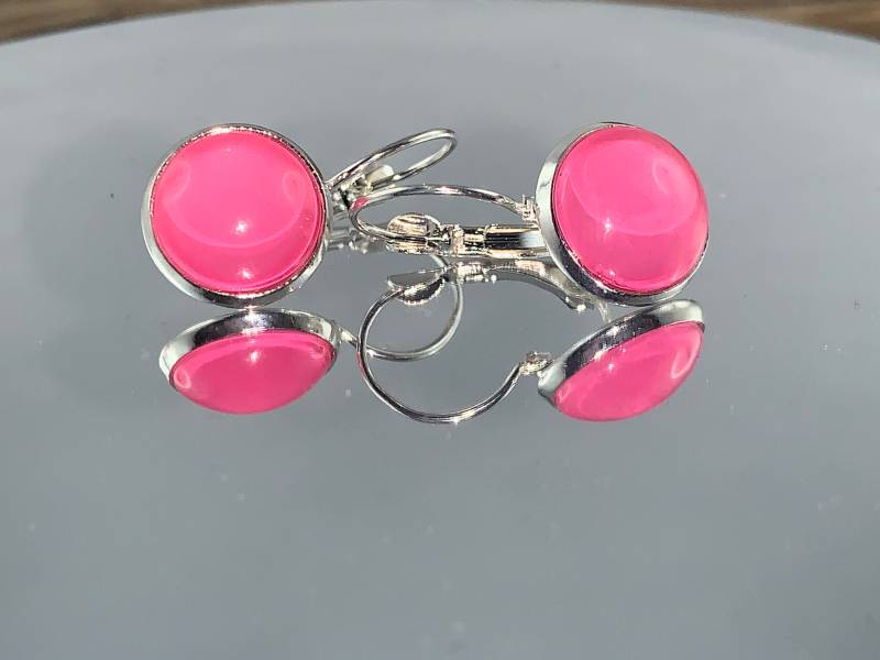 Rosafarbene Cabochon Ohrhänger Ohrringe 12mm Rosa Mit Brisur Cabochons Cabochon-Ohrhänger Geschenk von TinkyStarShop