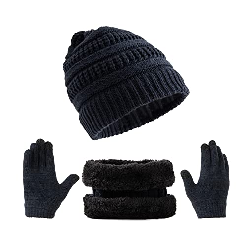 Tinncana 3-teiliges Winter-Mützen-Handschuh-Schal-Set für Kinder, Gestrickte Mütze für Kleinkinder, Touchscreen-Fäustlinge, Halswärmer für Jungen und Mädchen (Navy blau) von Tinncana