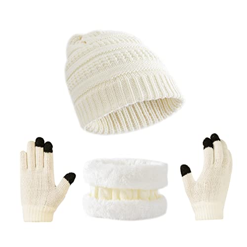 Tinncana 3-teiliges Winter-Mützen-Handschuh-Schal-Set für Kinder, Gestrickte Mütze für Kleinkinder, Touchscreen-Fäustlinge, Halswärmer für Jungen und Mädchen (Weiß) von Tinncana