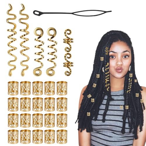 26stk Goldener Haarschmuck für Zöpfe, 4 Stile Goldener Haarschmuck für Zöpfe Metall Dreadlock Perlen Set Schlangenclips Damen Modische Dekoration von Tinoaly