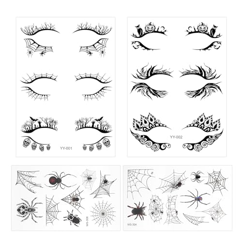 4 Bögen Halloween Lidschatten-Aufkleber, Spinnennetz & Schädel & Fledermaus Temporäre Tattoos Wasserdicht Falscher Eyeliner Sticker für Damen Gesicht Make-up Kostüm Party Cosplay von Tinoaly