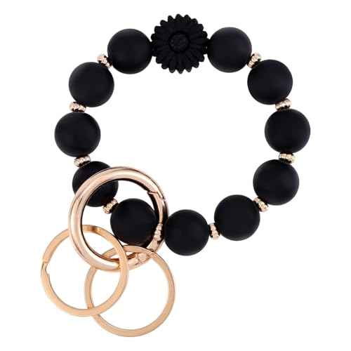Gänseblümchen Schlüsselanhänger Armband, Silikon-Perlen Schlüsselband mit Ring und Süßem Autoschlüsselhalterarmband für Damen (Schwarz) von Tinoaly