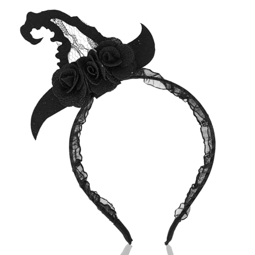 Hexen-Stirnband, Hexenhut Haarreif Schwarze Rose Halloween-Kostüm Kopfbedeckung Süße Zauberer-Kopfbedeckung für Erwachsene Mädchen Verkleidungsparty-Zubehör für Halloween von Tinoaly