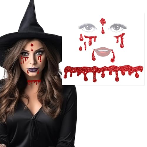 Vampir Gesichtsjuwelen, selbstklebende Gesichtsschmuck Aufkleber, Halloween Kostümzubehör All-in-One Vampir Make-up mit roten Strasssteinen für Frauen-Mädchen Partys und Cosplay von Tinoaly